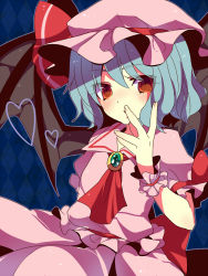 Rule 34 | 1girl, argyle, argyle background, argyle clothes, bad id, bad pixiv id, bat wings, blue hair, female focus, hanasaki coa, hat, hat ribbon, looking at viewer, red eyes, remilia scarlet, ribbon, solo, touhou, wings, wrist cuffs