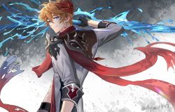 Rule 34 | 1boy, aylar, blue eyes, closed mouth, earrings, genshin impact, hair between eyes, highres, holding, holding weapon, jacket, jewelry, looking at viewer, male focus, mask, mask on head, orange hair, red mask, red scarf, scarf, simple background, single earring, solo, tartaglia (genshin impact), torn clothes, torn scarf, twitter username, upper body, water, weapon