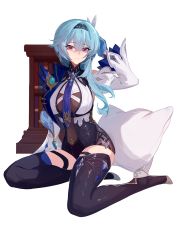 Rule 34 | 1girl, absurdres, bad id, bad pixiv id, black thighhighs, blue hair, blue necktie, bookshelf, boots, breasts, cape, chain, commentary, eula (genshin impact), feathers, frilled sleeves, frills, genshin impact, gloves, hair ornament, hairband, hand in own hair, high heel boots, high heels, highres, long hair, long sleeves, looking at viewer, medium breasts, necktie, purple eyes, simple background, sitting, smile, solo, sparkle, sword, thighhighs, thighs, vision (genshin impact), weapon, white background, xianyu liang, yellow eyes, yokozuwari