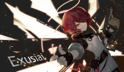 Rule 34 | 1girl, arknights, artist name, belt, belt buckle, black gloves, blurry, buckle, commentary request, dutch angle, english text, exusiai (arknights), finger gun, fingerless gloves, gloves, gun, hair over one eye, halo, highres, holding, holding gun, holding weapon, jacket, kriss vector, looking at viewer, orange eyes, pouch, red hair, short hair, smile, submachine gun, weapon, white jacket, wings, xiaoxiao
