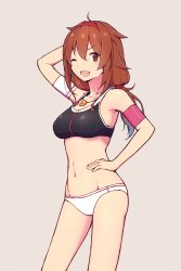 Rule 34 | 1girl, adapted costume, alternate costume, bikini, brown eyes, brown hair, collarbone, cowboy shot, gradient hair, grey background, hair flaps, hairband, hand on own hip, kantai collection, long hair, looking at viewer, mismatched bikini, multicolored hair, nakaaki masashi, navel, one eye closed, open mouth, red hairband, shiratsuyu (kancolle), simple background, smile, solo, sports bikini, swimsuit, teeth, upper teeth only, whistle, whistle around neck