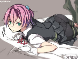Rule 34 | 10s, 1girl, aqua eyes, ass, bike shorts, character name, gloves, green eyes, hair ornament, kantai collection, looking at viewer, lying, neck ribbon, on stomach, panties under bike shorts, personification, pink hair, red ribbon, ribbon, school uniform, shiranui (kancolle), short hair, skirt, socks, solo, super zombie, translation request, twitter username, white gloves
