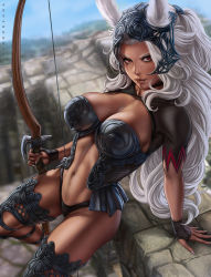 Rule 34 | 1girl, animal ears, artist name, bow (weapon), breasts, rabbit ears, cleavage, commentary, curly hair, dandon fuga, dark skin, dark-skinned female, female focus, final fantasy, final fantasy xii, fran (ff12), highres, holding, holding bow (weapon), holding weapon, large breasts, light smile, lips, long hair, looking at viewer, midriff, navel, ponytail, rabbit girl, solo, thighs, viera, weapon, white hair