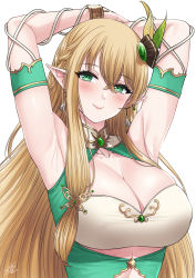 Rule 34 | 1girl, armpits, arms up, blonde hair, breasts, cleavage, collarbone, elf, green eyes, highres, looking at viewer, pointy ears, xter