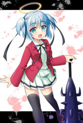 Rule 34 | 1girl, black ribbon, black thighhighs, blazer, blood, blood splatter, blue hair, bokusatsu tenshi dokuro-chan, club (weapon), commentary request, green eyes, green shirt, green skirt, hair between eyes, hair ribbon, halo, highres, holding, holding weapon, jacket, letterboxed, loafers, long sleeves, looking at viewer, mace, mashiro yuki, mitsukai dokuro, neck ribbon, open mouth, pleated skirt, red jacket, ribbon, shirt, shoes, short hair, short twintails, skirt, solo, thighhighs, twintails, weapon, zettai ryouiki