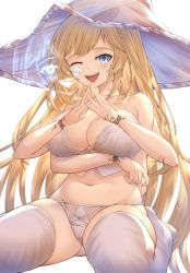 Rule 34 | 1girl, absurdres, arm under breasts, blonde hair, breasts, cleavage, cosplay, elden ring, extra arms, hat, highres, hololive, hololive english, honkivampy, large breasts, long hair, mole, mole on breast, one eye closed, open mouth, ranni the witch, ranni the witch (cosplay), simple background, smile, solo, thick thighs, thighhighs, thighs, virtual youtuber, watson amelia, white background, wink, witch hat