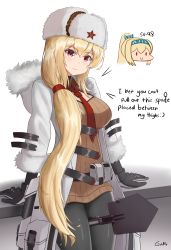 Rule 34 | 1girl, arms behind back, artist name, belt bag, black gloves, black pantyhose, blonde hair, blush, breasts, brown sweater, closed mouth, coat, commentary, cosplay, english commentary, english text, feet out of frame, fur-trimmed coat, fur-trimmed sleeves, fur hat, fur trim, gamryous, girls&#039; frontline, gloves, hat, hat ornament, highres, long hair, long sleeves, looking at viewer, medium breasts, mod3 (girls&#039; frontline), mosin-nagant (girls&#039; frontline), mosin-nagant (girls&#039; frontline) (cosplay), mosin-nagant (mod3) (girls&#039; frontline), necktie, open clothes, open coat, pantyhose, papakha, red eyes, red necktie, red star, shovel, smile, solo, standing, star (symbol), star hat ornament, sv-98 (girls&#039; frontline), sv-98 (mod3) (girls&#039; frontline), sweater, white background, white coat, white hat