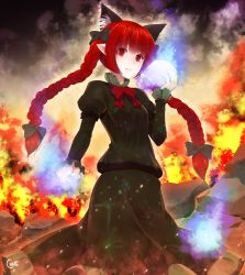 Rule 34 | 1girl, animal ears, artist name, bow, braid, cat ears, cat tail, crote, extra ears, fire, gradient background, hair bow, hair ornament, hitodama, kaenbyou rin, long hair, long sleeves, looking at viewer, multiple tails, parted lips, pointing, pointing at viewer, pointy ears, puffy sleeves, red eyes, red hair, rock, shirt, skirt, skirt set, skull, solo, tail, touhou, twin braids