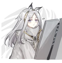 Rule 34 | 1girl, animal ear fluff, animal ears, arknights, blue eyes, cropped torso, grey hair, hairband, heavyrain (arknights), highres, holding, holding shield, horse ears, jacket, light blush, long hair, looking at viewer, mabing, shield, simple background, solo, upper body, white background, white jacket