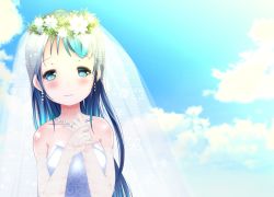 Rule 34 | 1girl, bare shoulders, blue eyes, blue hair, blush, bridal veil, cloud, cloudy sky, collared dress, commentary request, dress, earrings, elbow gloves, flower wreath, gloves, jewelry, kantai collection, lace, lace gloves, long hair, looking at viewer, necklace, own hands together, ring, samidare (kancolle), sky, sleeveless, sleeveless dress, smile, solo, swept bangs, veil, very long hair, wedding band, wedding dress, yamaneko suzume