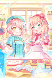 Rule 34 | 2girls, :d, :t, animal ears, apron, bear ears, beret, blue headwear, blue shirt, blush, bow, braid, closed mouth, commentary request, dress, ear bow, fang, food, food on face, frilled apron, frills, hair ornament, hair over shoulder, hairband, hanamaru chiyo, hat, highres, holding, holding food, ikari (aor3507), indie virtual youtuber, indoors, light brown hair, long sleeves, low twintails, macaron, mixing bowl, multiple girls, nonokuma bikori, official art, open mouth, pastry bag, pink dress, pink hair, plaid, plaid dress, plaid shirt, puffy short sleeves, puffy sleeves, red bow, red hairband, shirt, short sleeves, smile, twin braids, twintails, virtual youtuber, wavy mouth, whisk, white apron, window, x hair ornament