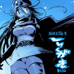 Rule 34 | 1girl, belt, blue background, blue theme, cape, circlet, cowboy shot, dragon quest, dragon quest iii, dutch angle, gradient background, long hair, monochrome, open mouth, panties, pantyshot, sage (dq3), sasaki tomomi, signature, simple background, solo, standing, thighhighs, underwear