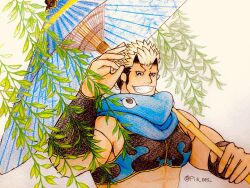 Rule 34 | 1boy, absurdres, bara, bare shoulders, black hair, blonde hair, blue scarf, colored pencil (medium), grin, hand up, highres, holding, holding umbrella, jiraiya (housamo), large pectorals, long sideburns, looking at viewer, male focus, midriff, multicolored hair, muscular, muscular male, oni, pectorals, pisukesu (pis ces), plant, pointy ears, scarf, short hair, sideburns, sidepec, smile, solo, tokyo houkago summoners, traditional media, two-tone hair, umbrella, undercut, upper body, waving