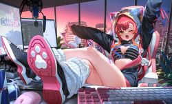 Rule 34 | 1girl, ;o, absurdres, animal ear headphones, animal ears, animal hood, apex legends, arm up, arms up, axent wear, bandaid, bandaid on knee, bandaid on leg, belt, black footwear, black jacket, black shirt, blush, breasts, building, cat ear headphones, chair, cleavage, cleavage cutout, clothing cutout, collar, crop top, crossed legs, discord, fake animal ears, fang, feet on table, foreshortening, gaming chair, headphones, headphones removed, highres, hood, hood up, hooded jacket, indoors, izumi sai, jacket, large breasts, leg warmers, long sleeves, looking at viewer, loose socks, medium breasts, microphone, midriff, monitor, mouse (computer), nail polish, nekota tsuna, office chair, one eye closed, open clothes, open jacket, open mouth, orange eyes, outstretched arms, pop filter, reclining, red bull, red hair, ribbed legwear, second-party source, shirt, shoes, shoulder cutout, skin fang, skyscraper, sneakers, socks, solo, soundboard, stomach, striped clothes, striped shirt, swivel chair, thighs, unzipped, virtual youtuber, vspo!, white legwear, window, yellow eyes