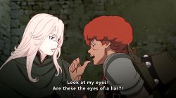 Rule 34 | 10s, 1boy, 1girl, amira (shingeki no bahamut), animated, animated gif, curly hair, epic, eye contact, favaro leone, green eyes, grin, liar, long hair, looking at another, looking at viewer, lowres, pink hair, purple eyes, red hair, scar, shingeki no bahamut, shingeki no bahamut: genesis, short hair, slapping, smile, subtitled