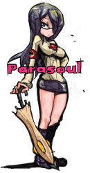 Rule 34 | 1girl, black hair, blue eyes, boots, breasts, character name, cross, english text, female focus, full body, glasses, hair over one eye, impossible clothes, kometsubu, large breasts, legs, long hair, miniskirt, open mouth, parasoul (skullgirls), skirt, skullgirls, solo, umbrella, white background