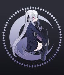 Rule 34 | 1girl, ahoge, black dress, black ribbon, boots, crescent, cross-laced footwear, dress, fishnet thighhighs, fishnets, full body, goth fashion, grey hair, hair between eyes, hair ribbon, highres, knees up, long hair, looking at viewer, mearylis (yamanasi mikage), original, pale skin, profile, red eyes, ribbon, sleeves past wrists, solo, thigh boots, thighhighs, thighhighs under boots, very long hair, yamanasi mikage