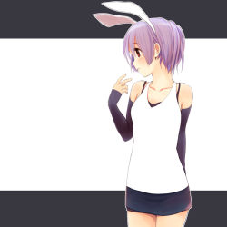 Rule 34 | 1girl, animal ears, arm behind back, bare shoulders, blush, collarbone, cowboy shot, detached sleeves, hand up, looking away, original, outline, parted lips, pink hair, purple hair, rabbit ears, red eyes, shiny skin, short hair, skirt, sleeveless, smile, solo, toshiya, white outline