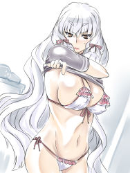Rule 34 | 1girl, alternate breast size, bikini, breasts, closed mouth, covered erect nipples, hair between eyes, hakkai, highres, kantai collection, large breasts, long hair, looking at viewer, murakumo (kancolle), aged up, silver hair, swimsuit, twintails, underwear, undressing, very long hair, yellow eyes