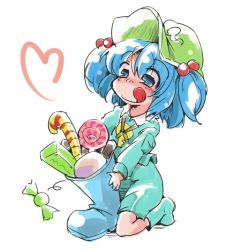 Rule 34 | 1girl, blue hair, candy, candy cane, christmas stocking, food, hair bobbles, hair ornament, hat, heart, kawashiro nitori, key, lollipop, shinapuu, short hair, skirt, smile, solo, tongue, tongue out, touhou, twintails, two side up
