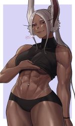 Rule 34 | 1girl, abs, animal ear fluff, animal ears, arm at side, artist name, biceps, bikini tan, black panties, black sports bra, blush, boku no hero academia, border, breasts, clothes lift, commentary, cowboy shot, dark-skinned female, dark skin, english commentary, forehead, grey hair, gud0c, heattech leotard, highres, large breasts, lifting own clothes, long hair, mirko, muscular, muscular female, navel, navel piercing, outside border, panties, parted bangs, piercing, ponytail, purple background, rabbit ears, red eyes, solo, sports bra, sports bra lift, standing, tan, tanline, thick thighs, thighs, turtleneck, underwear, underwear only, veins, white border