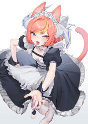 Rule 34 | 1girl, absurdres, animal ears, apron, breasts, cat ears, cat girl, cat tail, cigarette, cleavage, dress, frilled apron, frills, highres, lingxia, maid, maid apron, maid day, maid headdress, original, puffy short sleeves, puffy sleeves, short sleeves, small breasts, solo, tail, white apron, white background