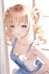 Rule 34 | 1girl, alternate costume, apron, armpit peek, barbara (genshin impact), bare shoulders, blonde hair, blue apron, blue eyes, breasts, camisole, cleavage, collarbone, genshin impact, hair between eyes, hair ornament, highres, looking at viewer, medium breasts, nasii, solo, twintails, wavy hair, white camisole