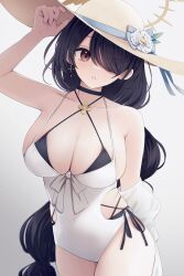 Rule 34 | 1girl, absurdres, bikini, black bikini, black choker, black hair, blue archive, breasts, choker, cleavage, clothing cutout, collarbone, covered navel, criss-cross halter, eyes visible through hair, hair over one eye, halo, halterneck, hat, highres, hinata (blue archive), hinata (swimsuit) (blue archive), kinukinu otofu, large breasts, long hair, looking at viewer, low-tied long hair, official alternate costume, one-piece swimsuit, side-tie bikini bottom, side cutout, simple background, skindentation, solo, straw hat, swimsuit, very long hair, white one-piece swimsuit