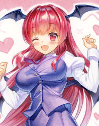 Rule 34 | 1girl, ;d, bat wings, blue skirt, blue vest, blush, breasts, buttons, commentary, dress shirt, eyelashes, frills, head wings, heart, highres, juliet sleeves, koakuma, kuwa analog, large breasts, long hair, long sleeves, looking at viewer, low wings, marker (medium), necktie, one eye closed, open mouth, outline, pink background, puffy sleeves, red eyes, red hair, red necktie, shirt, simple background, skirt, skirt set, smile, solo, taut clothes, taut vest, touhou, traditional media, upper body, very long hair, vest, white background, white outline, white shirt, wings