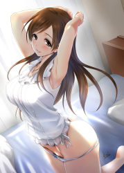 Rule 34 | 1girl, armpits, arms up, ass, barefoot, bed, bedroom, blue bow, blush, bow, bow panties, breasts, brown eyes, brown hair, collarbone, curtains, day, female pubic hair, highres, idolmaster, idolmaster cinderella girls, indoors, jewelry, large breasts, lips, long hair, looking at viewer, mitarashi kousei, necklace, nitta minami, no pants, on bed, panties, panty pull, parted bangs, parted lips, pillow, pubic hair, pubic hair peek, shirt, sleeveless, sleeveless shirt, smile, solo, swept bangs, teeth, underwear, white panties, white shirt