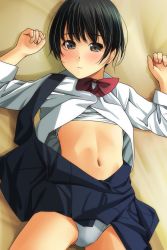 Rule 34 | 1girl, absurdres, black hair, blue skirt, blush, bow, bowtie, brown eyes, clothes lift, collared shirt, fingernails, highres, long sleeves, lying, matsunaga kouyou, navel, nose blush, on back, original, panties, parted lips, pleated skirt, red bow, red bowtie, shirt, shirt lift, short hair, skirt, skirt lift, solo, stomach, suspender skirt, suspenders, underwear, white panties, white shirt
