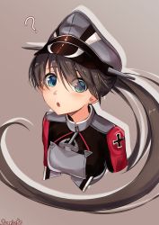 Rule 34 | 1girl, ?, alternate costume, anchor, black hair, blue eyes, cosplay, cross, grey background, hat, highres, houshou (kancolle), iron cross, kantai collection, long hair, open mouth, peaked cap, ponytail, prinz eugen (kancolle), prinz eugen (kancolle) (cosplay), sazamiso rx, simple background, solo, uniform, upper body