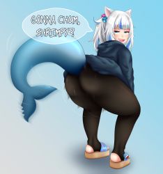Rule 34 | 1girl, absurdres, animal ears, ass, ass shake, blue eyes, blue hair, blue hoodie, blunt bangs, blush, cat ears, english text, fins, fish tail, gawr gura, highres, hololive, hololive english, holomyth, hood, hoodie, huge ass, hybrid, long hair, long sleeves, looking at viewer, looking back, motion lines, multicolored hair, open mouth, pantyhose, ponytail, sandals, shark girl, shark tail, sharp teeth, simple background, smile, smug, socksart, solo, speech bubble, squatting, tail, teeth, thick thighs, thighs, twerking, virtual youtuber, white hair