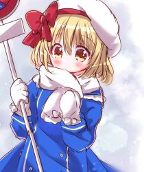 Rule 34 | 1girl, adapted costume, alternate headwear, beret, blonde hair, blue coat, blush, bow, coat, commentary request, gloves, hat, hat bow, highres, holding, holding sign, kana anaberal, long sleeves, pom pom (clothes), road sign, scarf, short hair, sign, snow, touhou, touhou (pc-98), white bow, white gloves, white headwear, white scarf, winter, winter clothes, winter coat, yellow eyes, yurufuwa milk