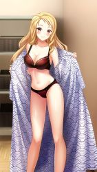 Rule 34 | 1girl, blonde hair, blush, bra, breasts, cleavage, closed mouth, collarbone, doukyuusei 2, doukyuusei another world, game cg, japanese clothes, kimono, long hair, looking at viewer, maijima karen, medium breasts, official art, open clothes, open kimono, panties, print kimono, red bra, red eyes, red panties, smile, solo, underwear, underwear only, undressing, very long hair