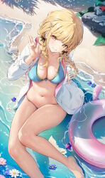 1girl absurdres arm_support beach bikini blonde_hair blue_bikini braid breasts cleavage from_above fujita_kotone gakuen_idolmaster hair_ornament hairclip highres houkisei idolmaster innertube jacket kimi_to_semi_blue_(idolmaster) large_breasts long_hair long_sleeves looking_at_viewer navel ocean open_clothes open_jacket outdoors parted_lips sitting smile solo swim_ring swimsuit twin_braids v white_jacket yellow_eyes