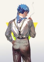 Rule 34 | 1boy, ass, blue hair, cigarette, cowboy shot, cu chulainn (fate), earrings, fate/grand order, fate (series), from behind, grey pants, hand on own hip, highres, holding, holding cigarette, jewelry, cu chulainn (fate/stay night), long hair, long sleeves, looking back, male focus, manly, open mouth, pants, ponytail, profile, red eyes, shirt, smile, smoke, smoking, solo, suspenders, tamomoko, triangle, white shirt