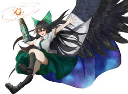 Rule 34 | 1girl, :d, arm cannon, bird wings, black footwear, black hair, black socks, black wings, boots, bow, breasts, cape, collared shirt, from side, full body, green bow, green skirt, hair between eyes, hair bow, large breasts, long hair, looking at viewer, looking to the side, open mouth, outstretched arms, psyren2, red eyes, reiuji utsuho, shirt, short sleeves, skirt, smile, socks, solo, spread arms, spread wings, third eye, touhou, weapon, white shirt, wings