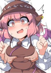 Rule 34 | 1girl, animal ears, bird ears, bird wings, blush, brown dress, brown hat, dress, earrings, frilled sleeves, frills, fun bo, grabbing, grabbing another&#039;s breast, grabbing from behind, hat, jewelry, long sleeves, mystia lorelei, open mouth, pink eyes, pink hair, short hair, simple background, single earring, solo, tears, touhou, upper body, white background, white wings, winged hat, wings
