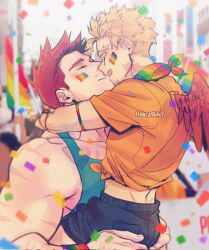 Rule 34 | 2boys, aqua tank top, arm hair, bara, beard, beard stubble, boku no hero academia, carrying, carrying person, closed eyes, confetti, couple, endeavor (boku no hero academia), facial hair, from side, hand hair, hanta96, hawks (boku no hero academia), highres, kiss, large pectorals, laughing, lgbt pride, male focus, mature male, multiple boys, muscular, muscular male, mustache stubble, pectorals, pride month, rainbow flag tattoo, rainbow gradient, scar, scar across eye, shirt, short hair, short shorts, shorts, sideburns, sidepec, smile, spiked hair, stubble, thick eyebrows, tied shirt, yaoi