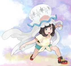 Rule 34 | 1girl, bare arms, bare legs, beanie, black hair, blue eyes, bracelet, chiimako, collarbone, creatures (company), eyelashes, eyes visible through hair, floral print, game freak, gen 7 pokemon, green shorts, hat, holding, jellyfish, jewelry, legs apart, nihilego, nintendo, on head, pokemon, pokemon (creature), pokemon on head, pokemon sm, red hat, selene (pokemon), shirt, shoes, short hair, short sleeves, shorts, sneakers, sweat, swept bangs, tentacles, tied shirt, ultra beast, wide stance, yellow shirt, z-ring