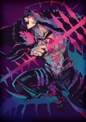 Rule 34 | 1boy, abs, absurdres, angry, black pants, blue hair, bodypaint, cape, cu chulainn (fate), cu chulainn (fate) (all), cu chulainn (fate/stay night), cu chulainn alter (fate), cu chulainn alter (fate/grand order), dark persona, earrings, facepaint, fate/grand order, fate (series), fur-trimmed cape, fur trim, gae bolg (fate), highres, holding, holding polearm, holding weapon, hood, hood up, jewelry, lancer, male focus, muscular, navel, nipples, open mouth, pants, polearm, red eyes, sharp teeth, shibanui, skin tight, solo, spikes, tail, teeth, topless male, type-moon, weapon