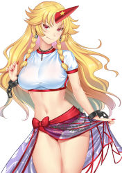 Rule 34 | 1girl, adapted costume, bikini, blonde hair, blue sarong, braid, breasts, chain, choker, collarbone, commentary request, cowboy shot, crop top, cuffs, earrings, fingernails, hataraki kuma, heart, heart choker, highres, horns, hoshiguma yuugi, jewelry, large breasts, long hair, midriff, nail polish, navel, parted bangs, puffy short sleeves, puffy sleeves, red bikini, red eyes, red horns, red nails, sarong, shackles, shirt, short sleeves, simple background, single horn, solo, star (symbol), stomach, swimsuit, thighs, tongue, tongue out, touhou, twin braids, very long hair, wavy hair, white background, white shirt