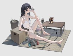 Rule 34 | 1girl, 38 (sanjuuhachi), beer can, black hair, bottle, box, can, cardboard box, drink can, drinking, electrical outlet, highres, holding, holding can, long hair, nijisanji, nintendo switch, panties, photo (object), sitting, table, tatami, tissue box, trash can, tsukino mito, underwear, used tissue, white panties
