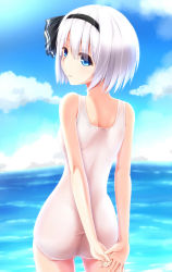 Rule 34 | 1girl, arms behind back, bare shoulders, blue eyes, blue sky, blue one-piece swimsuit, cloud, cowboy shot, day, evandragon, from behind, hair ribbon, hairband, highres, konpaku youmu, looking back, ocean, one-piece swimsuit, parted lips, ribbon, school swimsuit, short hair, silver hair, sky, solo, standing, swimsuit, touhou, water, white school swimsuit, white one-piece swimsuit