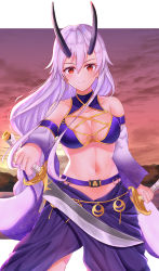 Rule 34 | 1girl, absurdres, bikini, black horns, blush, braid, breasts, cleavage, cloud, commentary request, detached sleeves, dual wielding, earrings, fate/grand order, fate (series), highres, holding, holding sword, holding weapon, hoop earrings, horns, jewelry, long braid, long hair, looking at viewer, medium breasts, mitsudomoe (shape), navel, oni horns, purple bikini, purple sarong, purple sleeves, red eyes, sarong, sidelocks, silver hair, single braid, smile, solo, swimsuit, sword, tomoe (symbol), tomoe gozen (fate), tomoe gozen (swimsuit saber) (fate), tomoe gozen (swimsuit saber) (second ascension) (fate), toukan, twilight, very long hair, weapon, wide sleeves