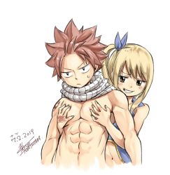 Rule 34 | 1boy, 1girl, abs, artist name, bare pectorals, black eyes, blonde hair, blue ribbon, brown eyes, check commentary, commentary request, crop top, cropped torso, dated, fairy tail, grabbing, grin, groping, hair ribbon, hetero, lucy heartfilia, mashima hiro, natsu dragneel, navel, pectoral grab, pectorals, pink hair, ribbon, scarf, topless male, simple background, smile, smug, spiked hair, sweatdrop, tattoo, vest, white background, white scarf
