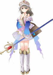 Rule 34 | 1girl, atelier (series), atelier totori, bag, bonnet, boots, breasts, brown hair, cleavage, detached sleeves, dress, female focus, long hair, looking at viewer, miniskirt, skirt, solo, staff, totooria helmold, white background, wk (low-f)