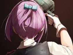 Rule 34 | 1girl, adapted turret, aqua eyes, black vest, brown background, commentary request, dress shirt, from behind, gloves, highres, kantai collection, kumanoko, looking away, pink hair, ponytail, school uniform, shiranui (kancolle), shirt, short hair, short ponytail, short sleeves, solo, vest, white gloves, white shirt