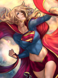 Rule 34 | 1girl, alien, blonde hair, blue eyes, cape, dc comics, female focus, flying, kryptonian, midriff, red cape, s shield, sky, solo, supergirl, superman (series), the art mage